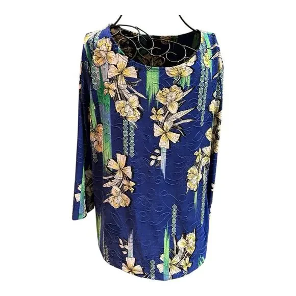 JM Collection Multicolor Womens Textured Floral Travel Blouse Sz P/L - Picture 2 of 10
